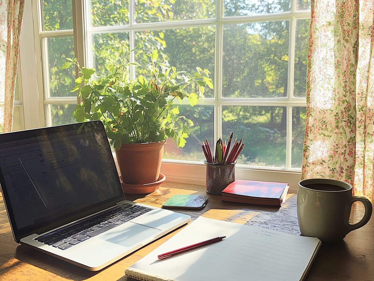 An organized workspace with a trash can nearby.