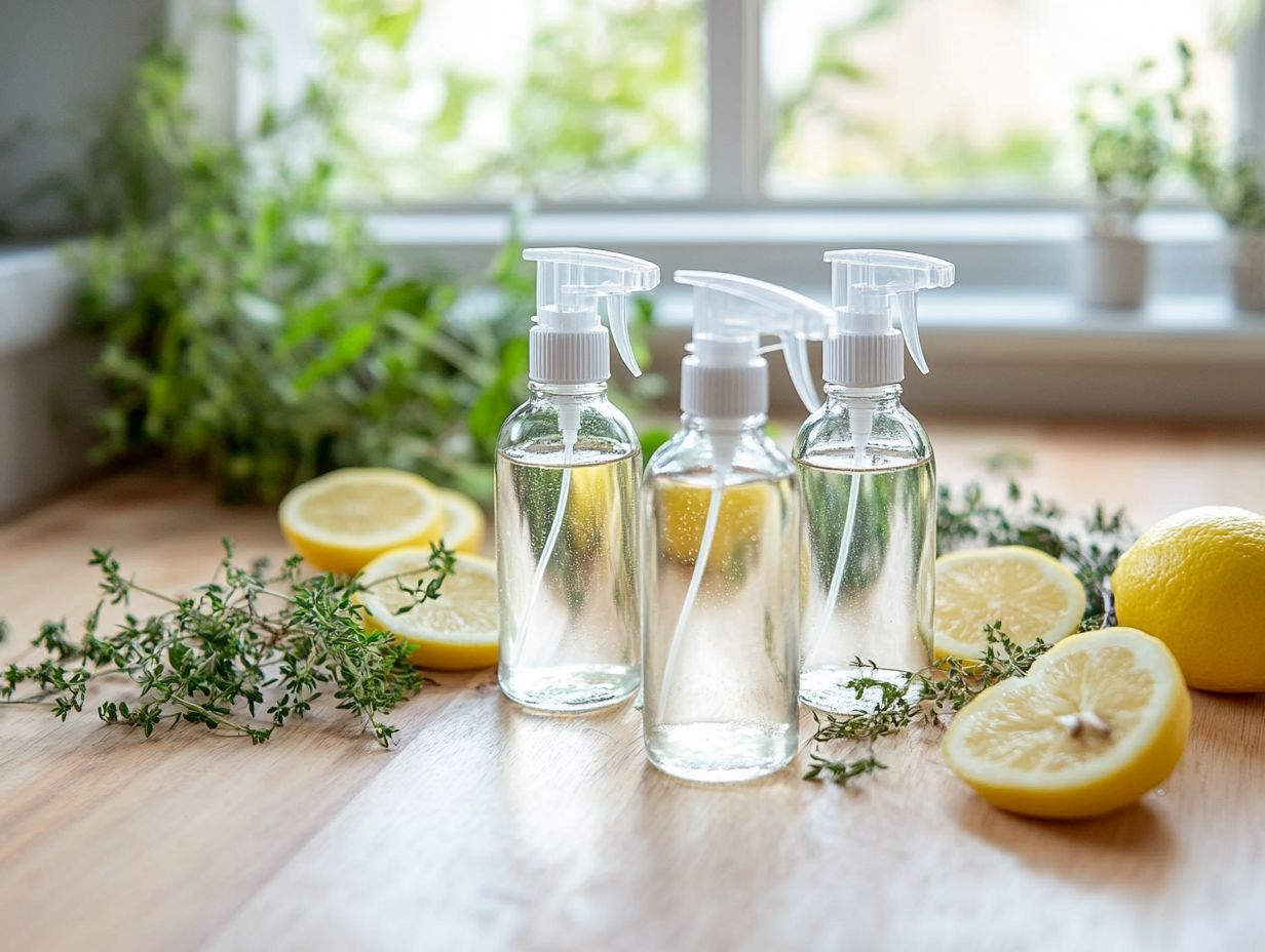 A selection of eco-friendly homemade cleaners displayed on a countertop.