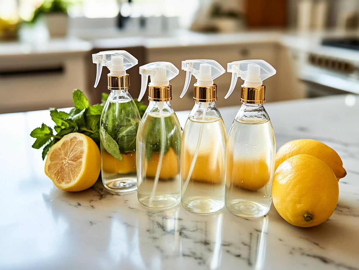 A variety of DIY kitchen cleaners displayed on a kitchen counter.