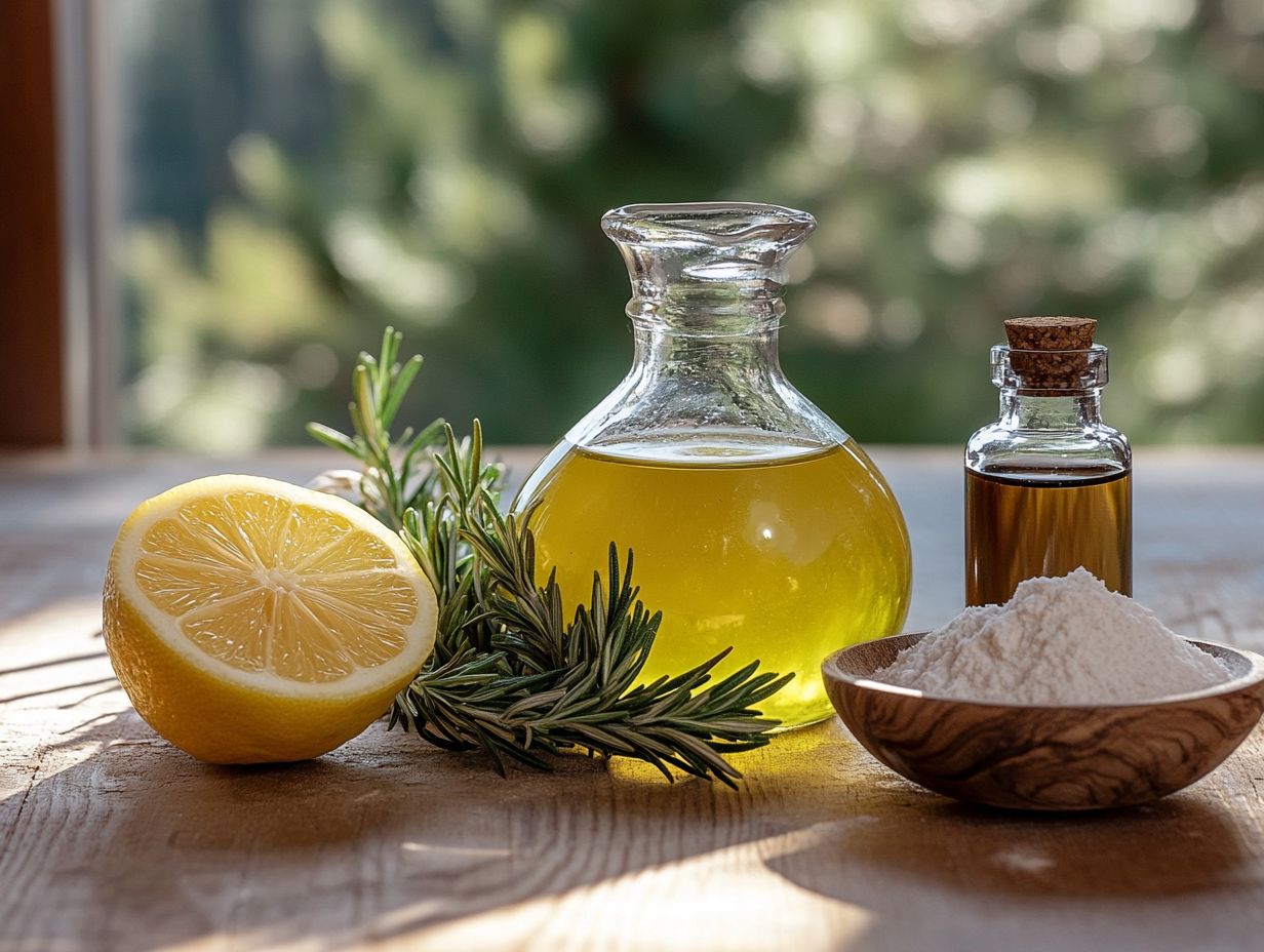 A display of natural disinfecting ingredients like vinegar and tea tree oil.