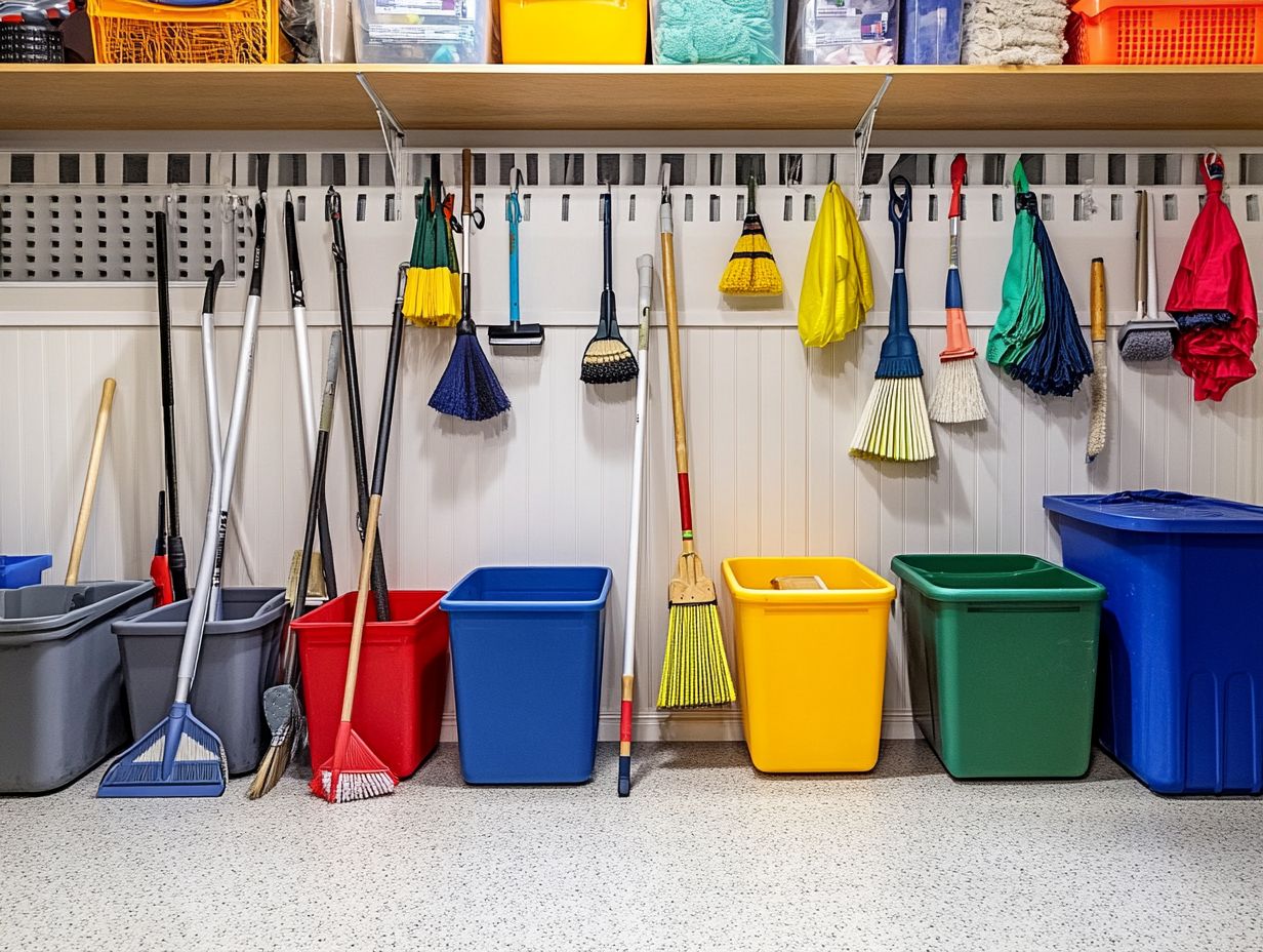 Organized Rags and Mops Stored in a Cool, Dry Place