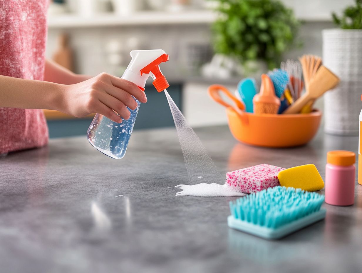 Image showing surfaces that can be cleaned with hydrogen peroxide, including countertops and bathroom tiles.