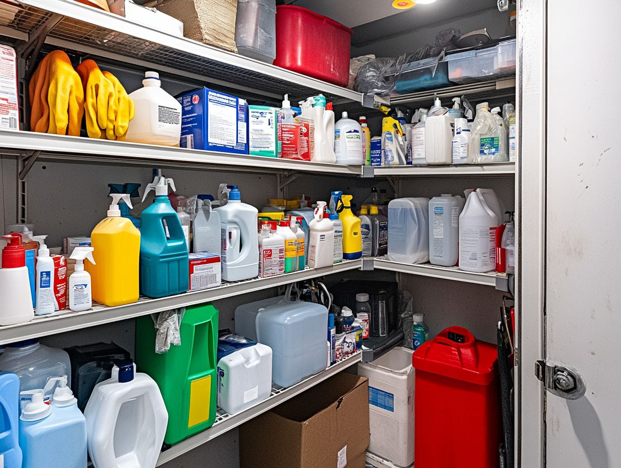 A clean and organized cleaning supply closet emphasizing safety.