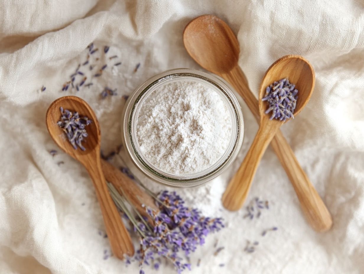 A natural DIY carpet freshener made with tea tree essential oil and baking soda in a glass jar.