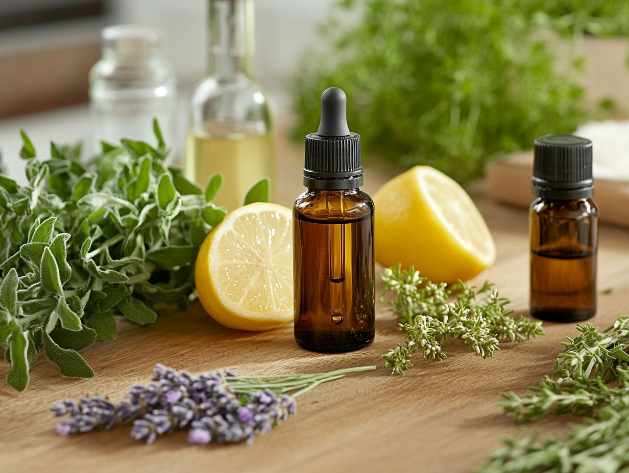 Essential oils for disinfecting surfaces with tea tree and eucalyptus oil.