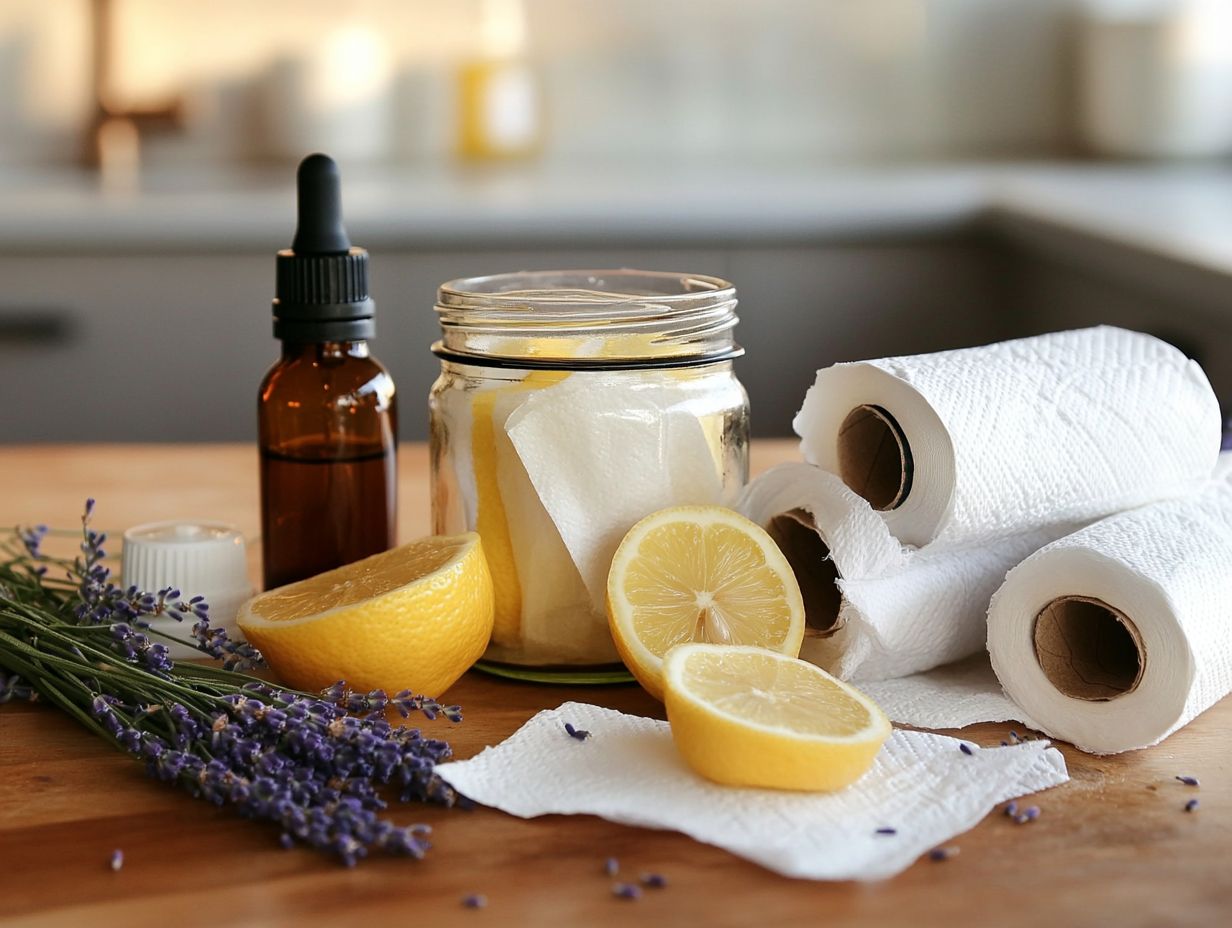 Tools required for making homemade essential oil cleaning wipes, including containers and cloth.