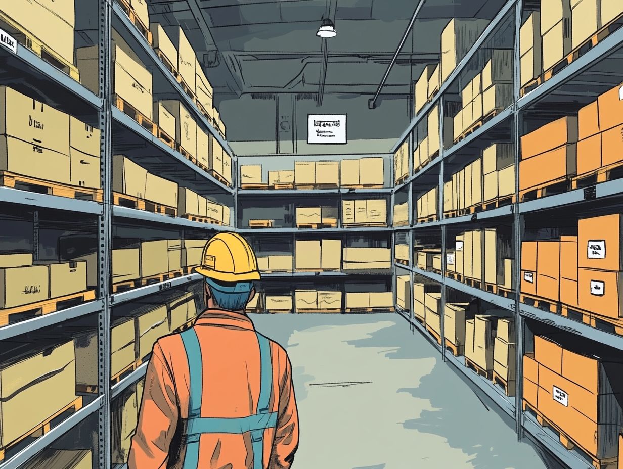 Image illustrating steps to prevent storage safety hazards in a warehouse.