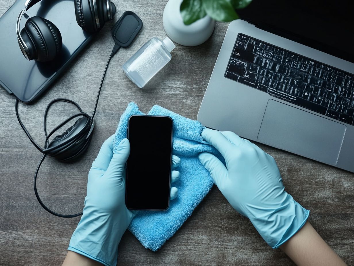 Person cleaning a smartphone and tablet with a microfiber cloth