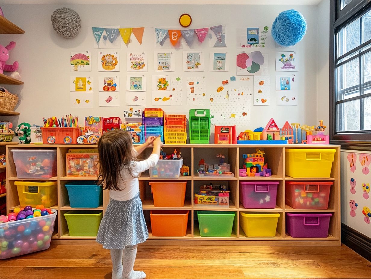 Image showing a child-friendly storage area with low shelves and colorful bins.