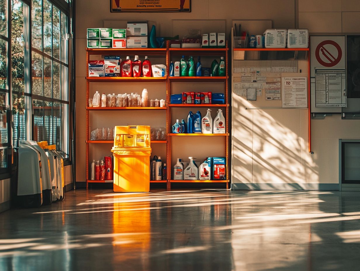 A person organizing a cluttered cleaning area