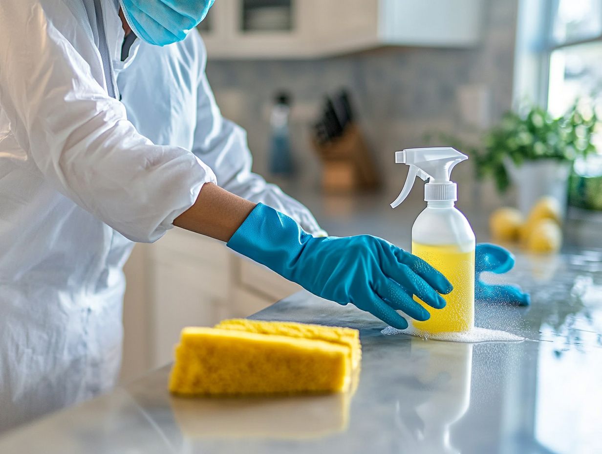 Person wearing gloves, mask, and goggles while cleaning.