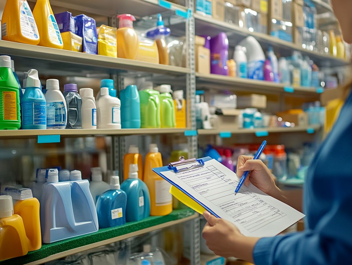 An organized storage area for cleaning supplies highlighting safety measures.