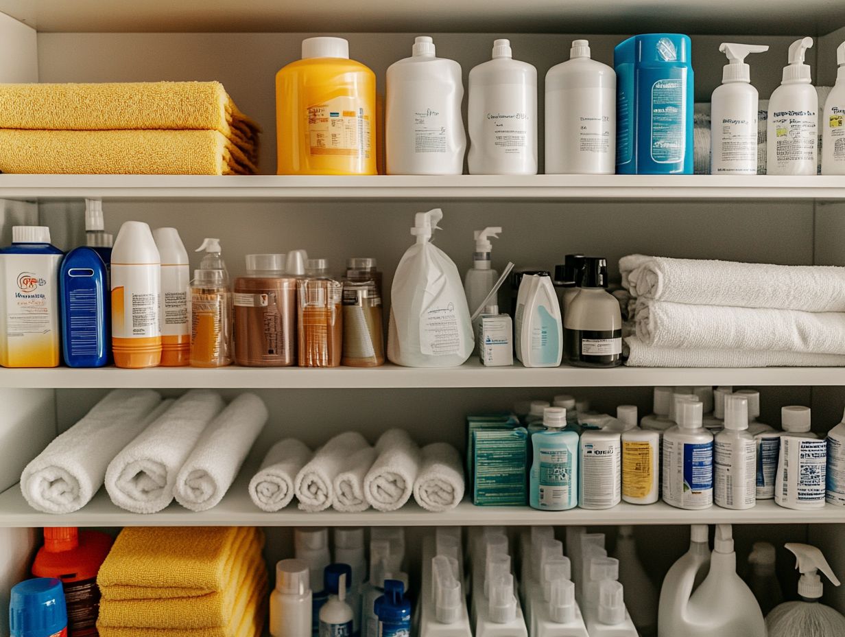 A variety of emergency cleaning tools laid out on a surface, including mops, brooms, and brushes.