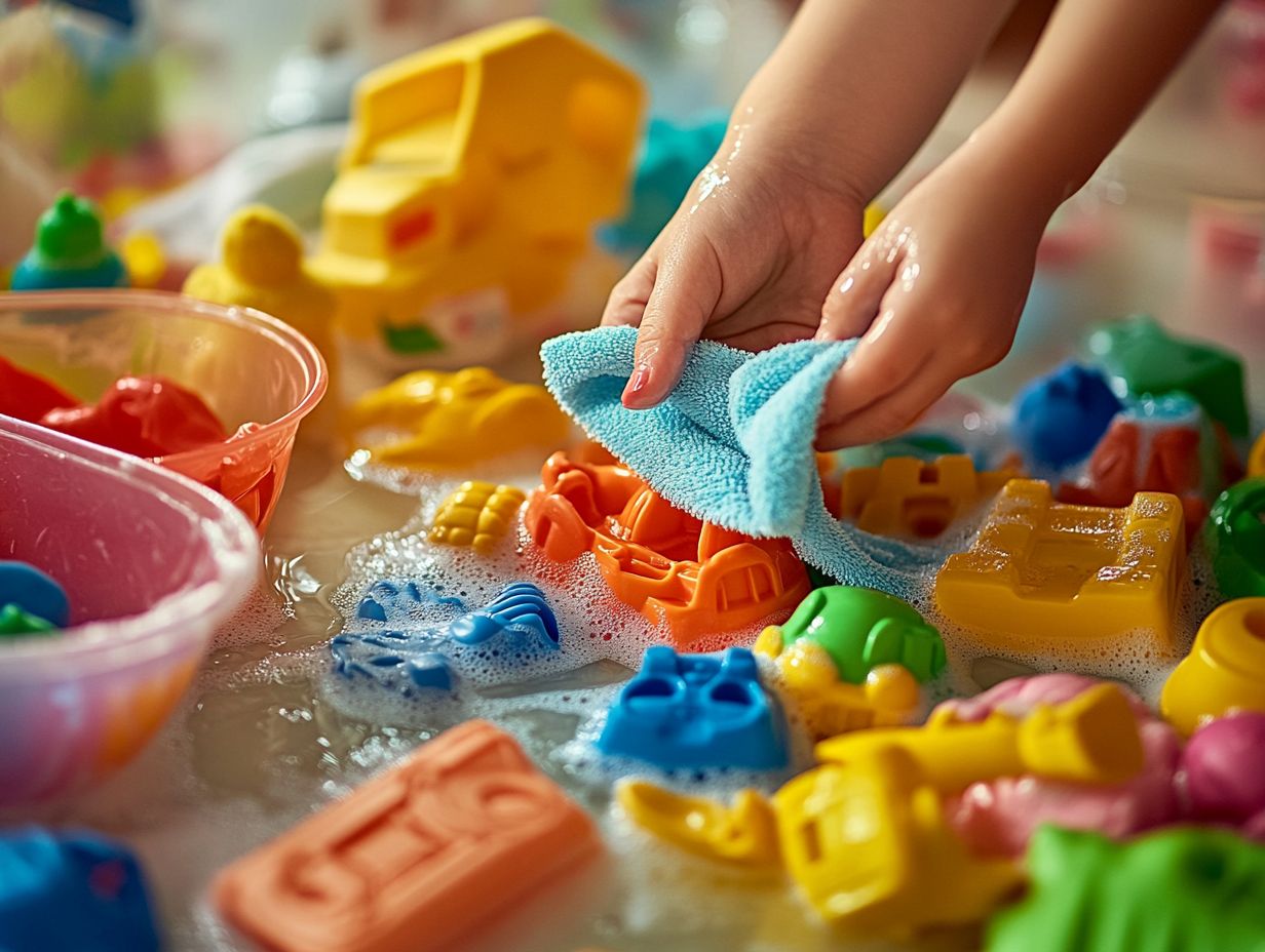 A colorful guide to cleaning different types of toys for safe play.