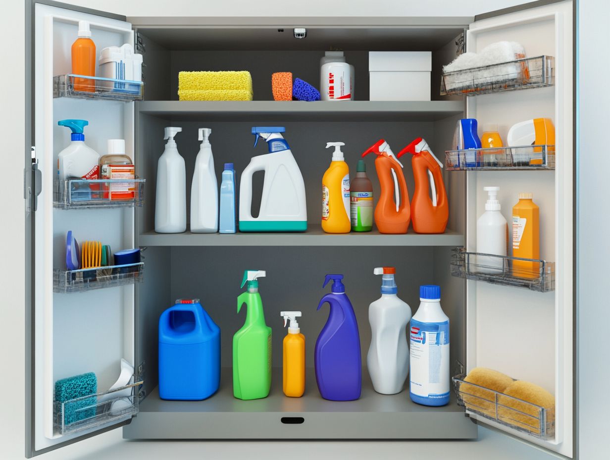 Illustration of safe storage practices for cleaning chemicals