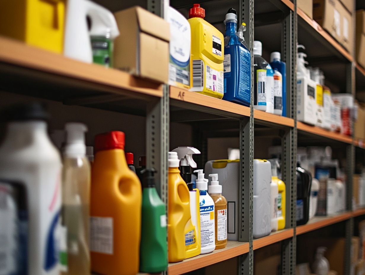 Illustration of best practices for storing cleaning products safely.