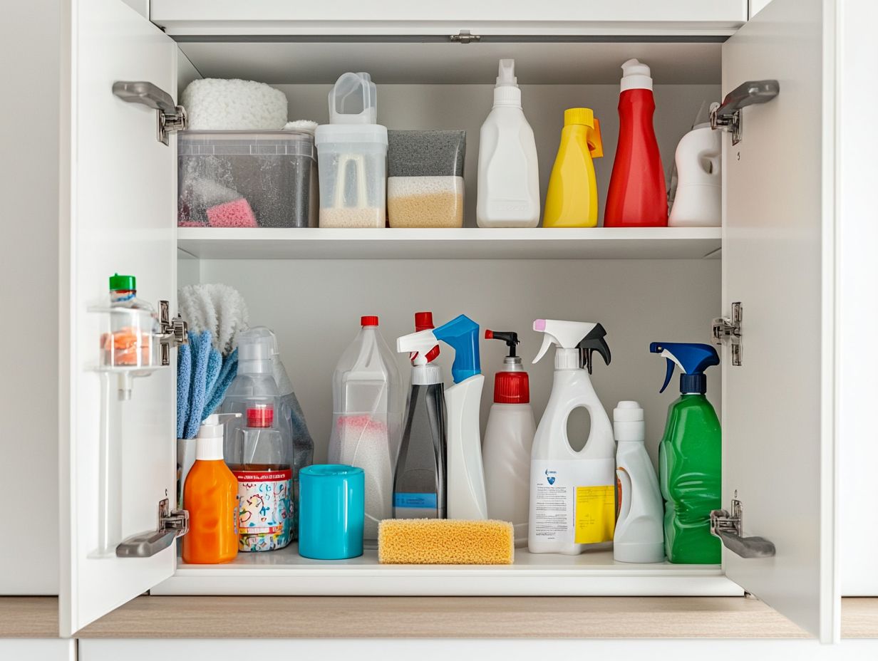 Illustration of safe storage practices for cleaning supplies.