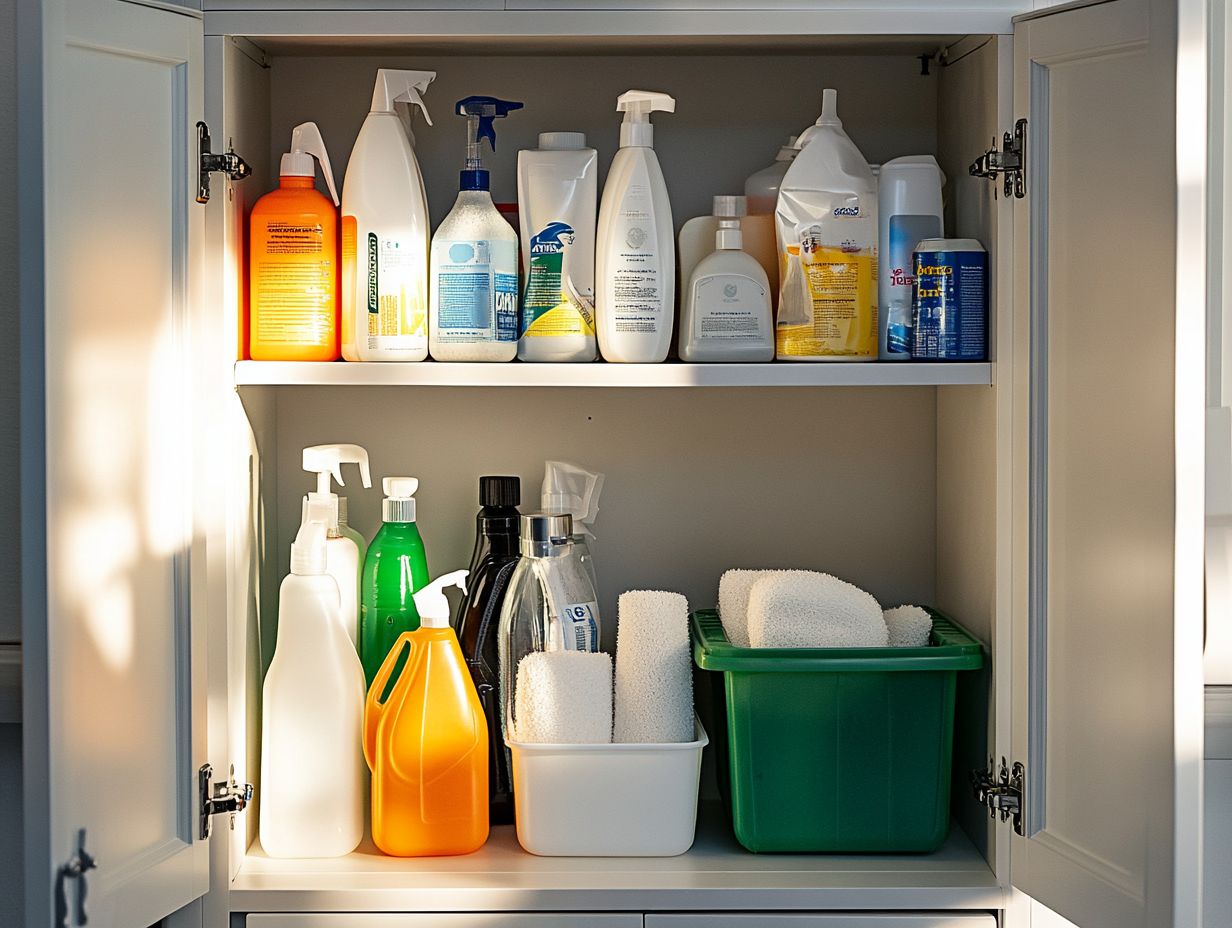 Visual guide to maintaining an organized cleaning supplies area.