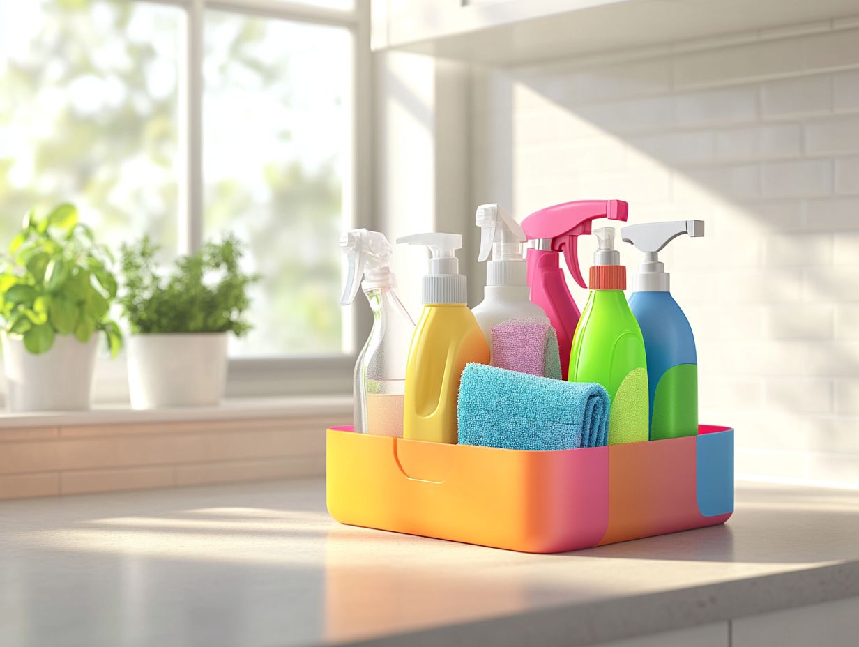 Organized cleaning supplies with color-coded labels