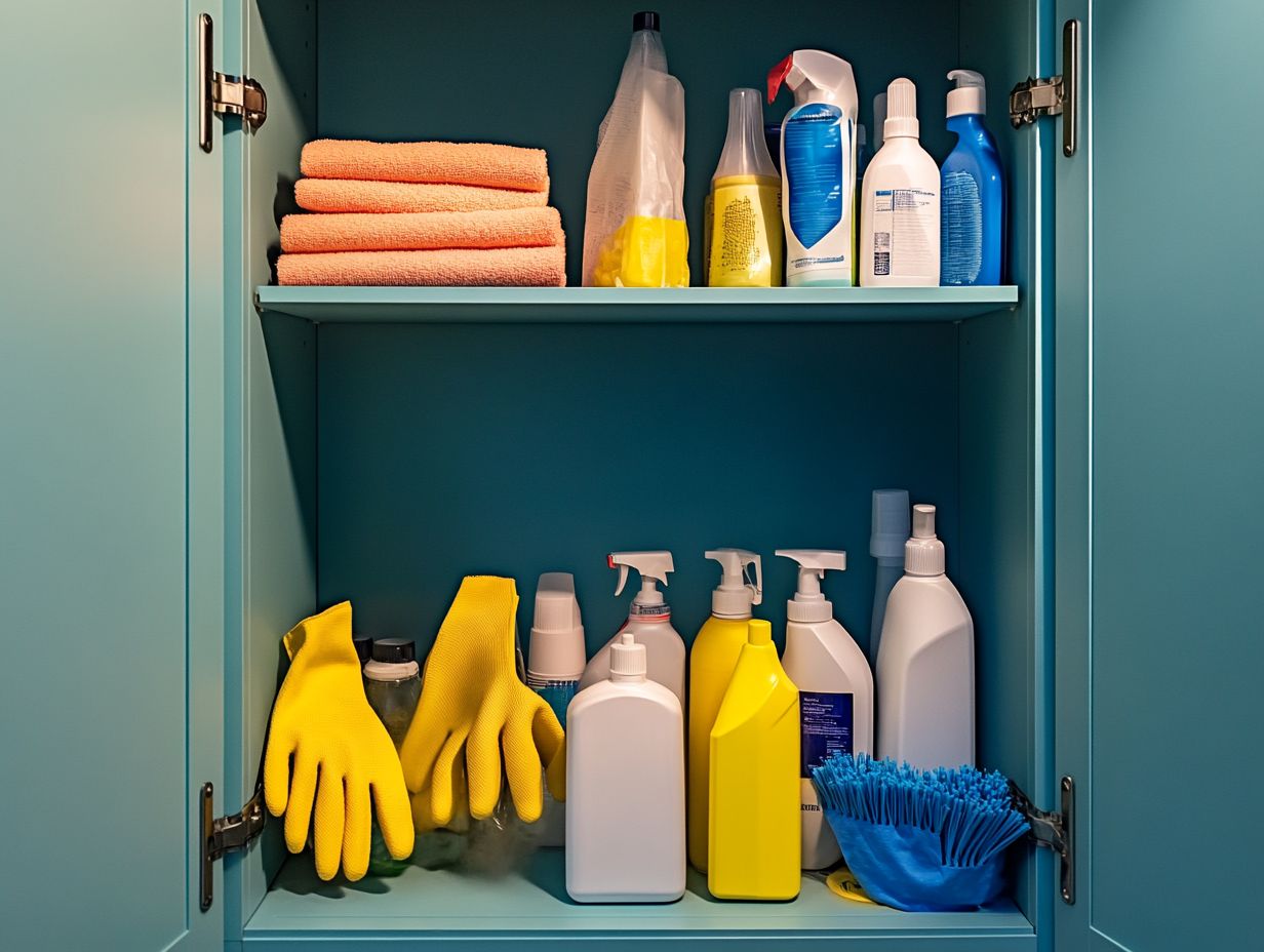 A collection of organized cleaning supplies in clear storage bins.