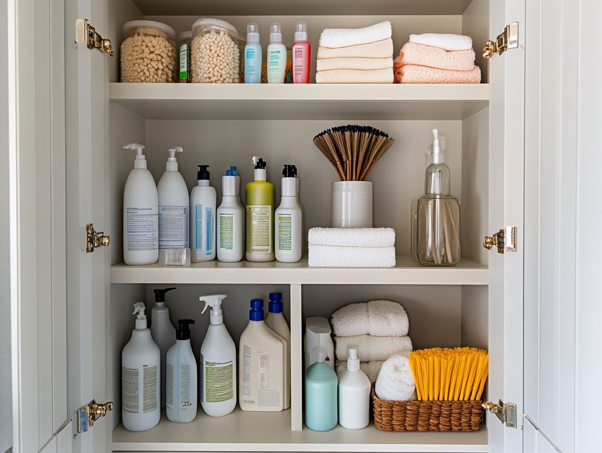 An organized cleaning supply area with labeled products