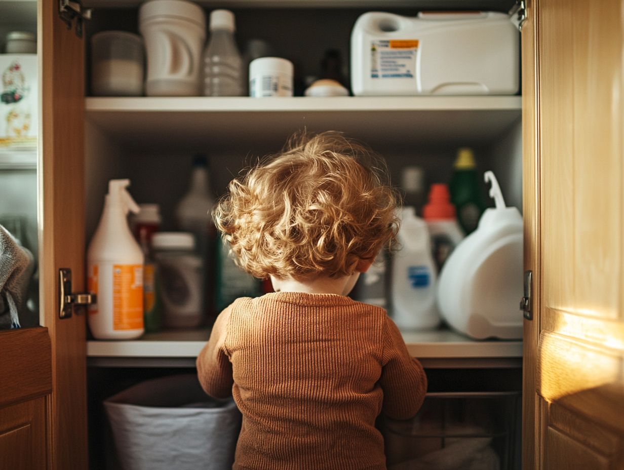 A well-organized cleaning storage area to keep supplies safe from children.