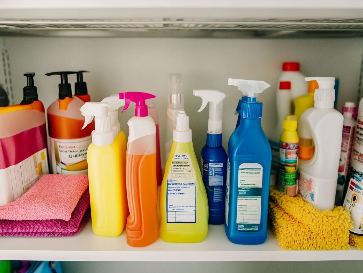 An array of essential basic cleaning supplies laid out for easy access.