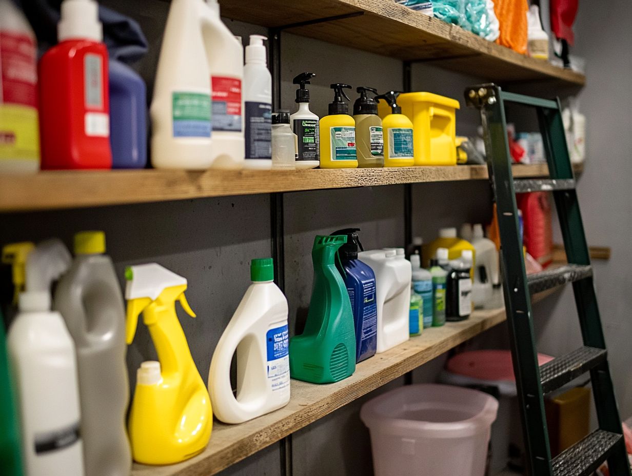 Organized high cabinets storing cleaning supplies safely out of reach