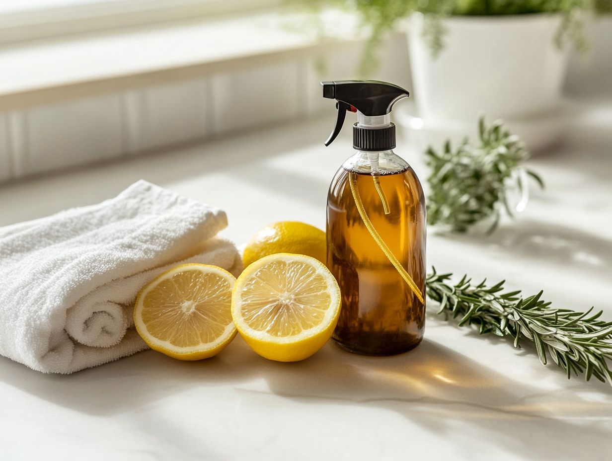 A bottle of natural surface disinfectant next to cleaning tools