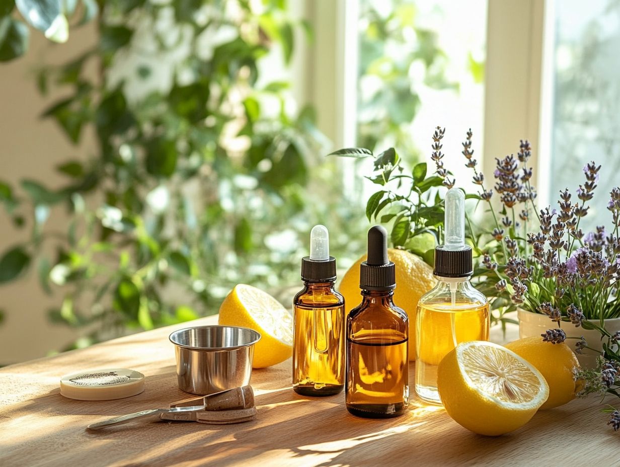 Ingredients needed for making essential oil dusting spray including water, vinegar, and essential oils.