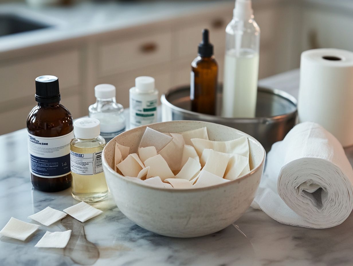 Example of absorbent materials for homemade disinfectant wipes, including paper towels and microfiber cloths.