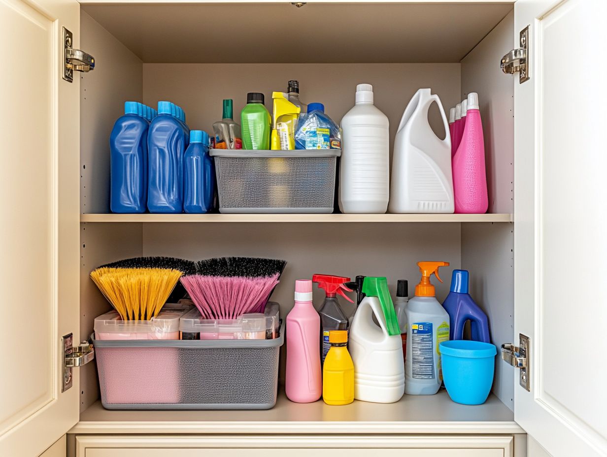 Organizing cleaning supplies in storage containers for efficiency.