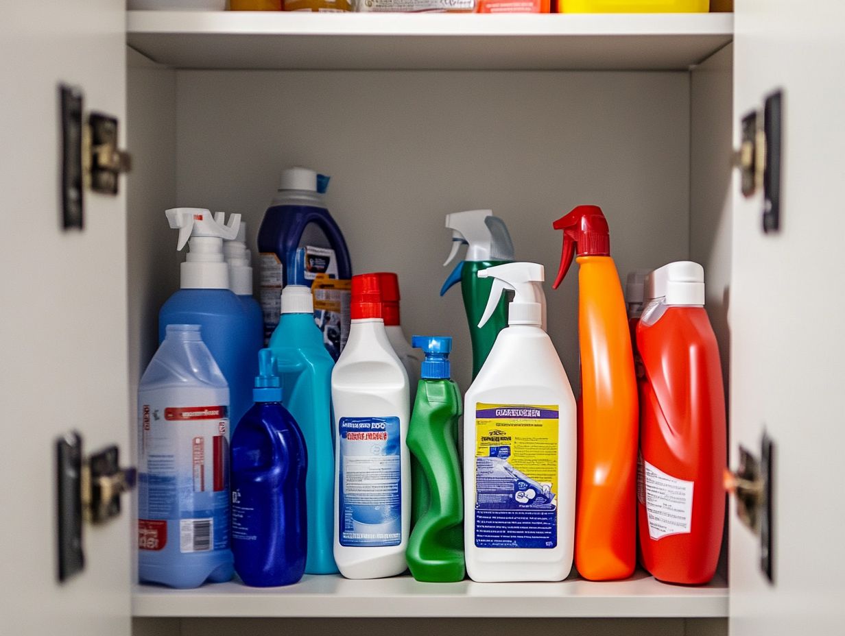 A child reaching for cleaning supplies stored high on a shelf