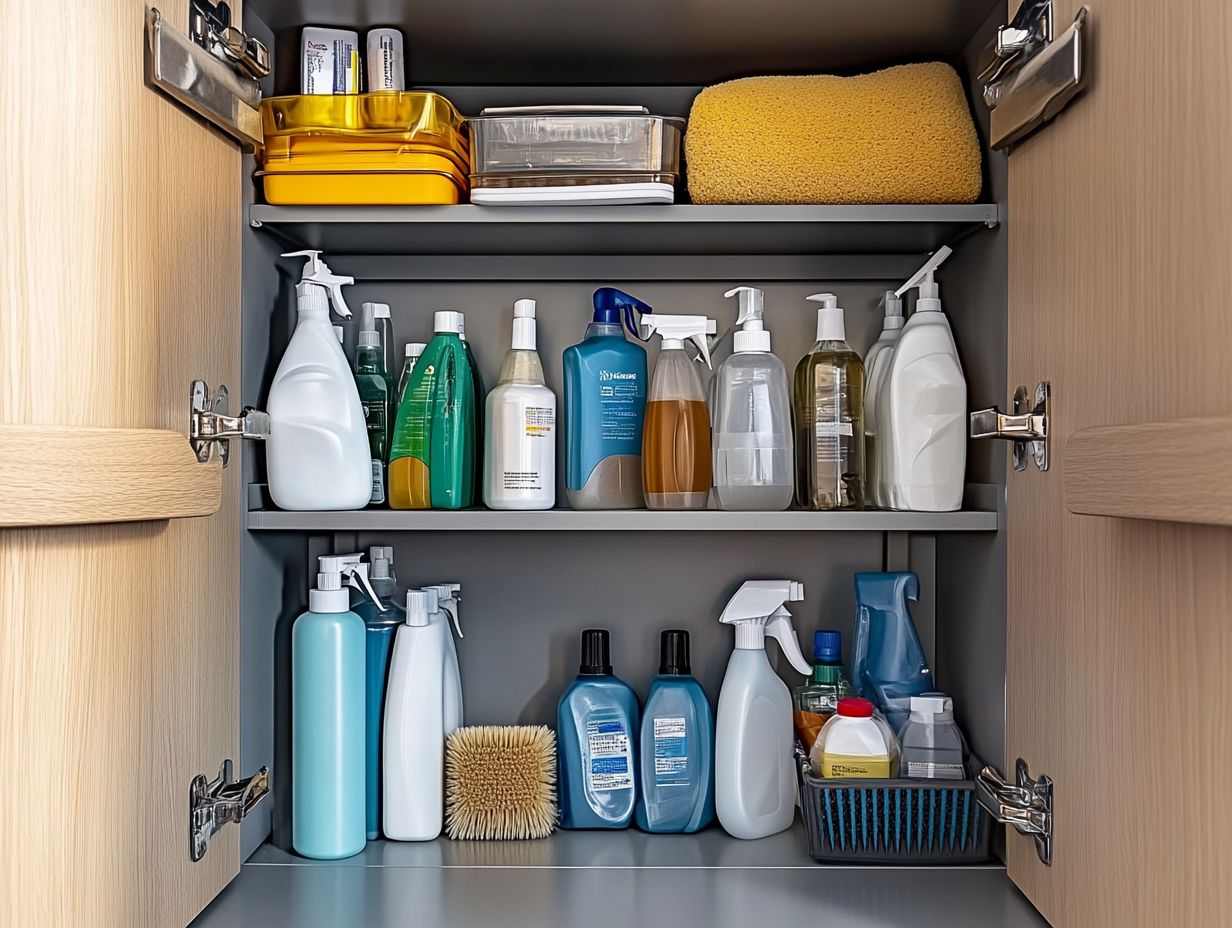 A variety of multi-purpose cleaning products neatly displayed.