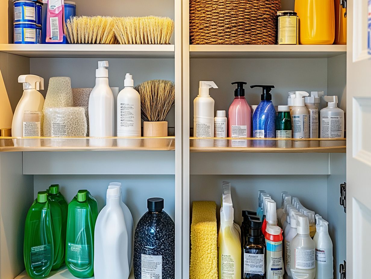 Organized cleaning supplies in clear containers and labels for easy access