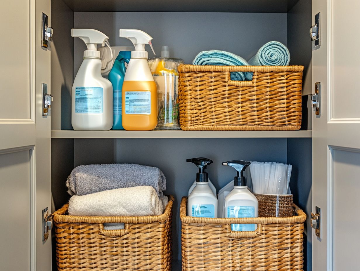 Organized shelving units for cleaning supplies