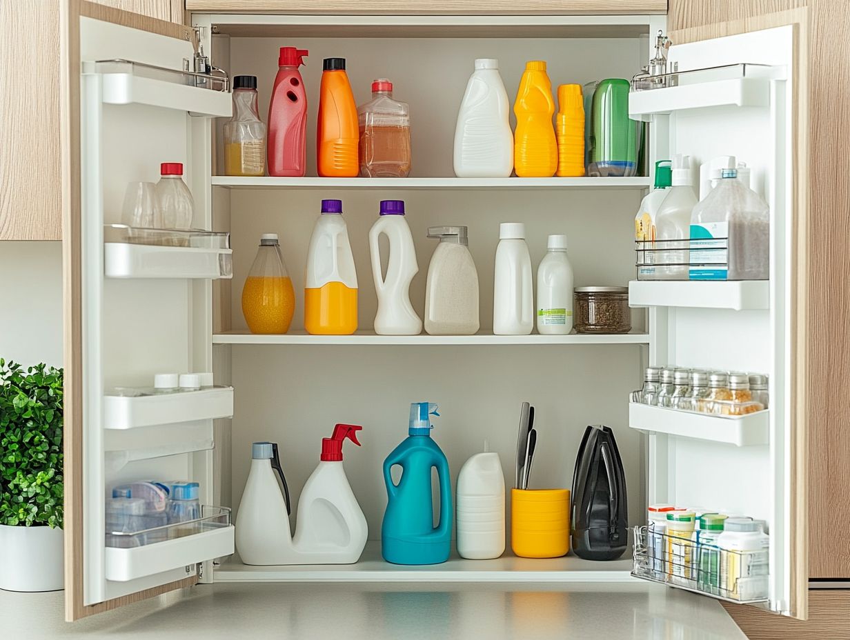 A variety of natural cleaning supplies displayed on a countertop.