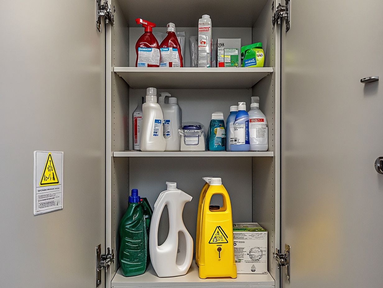 A visual guide on storing cleaners in their original containers for safety and effectiveness.