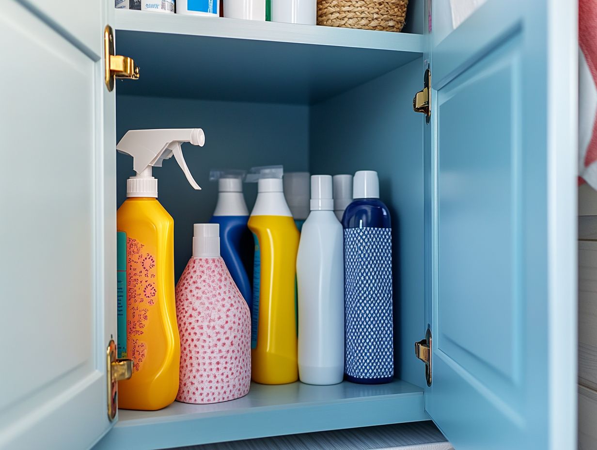 Various common household cleaning products including bleach, ammonia, and vinegar