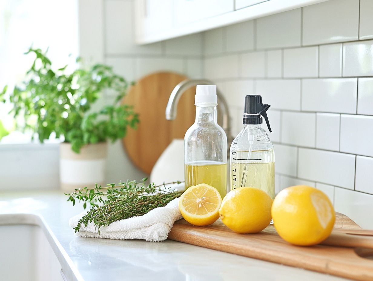 An array of natural cleaning ingredients including vinegar, essential oils, and baking soda.