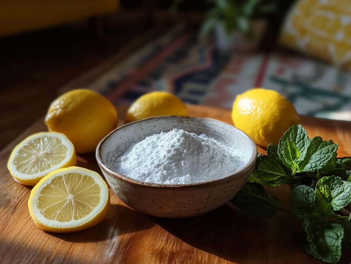 Ingredients needed for homemade carpet cleaner: baking soda, vinegar, hydrogen peroxide, and dish soap.