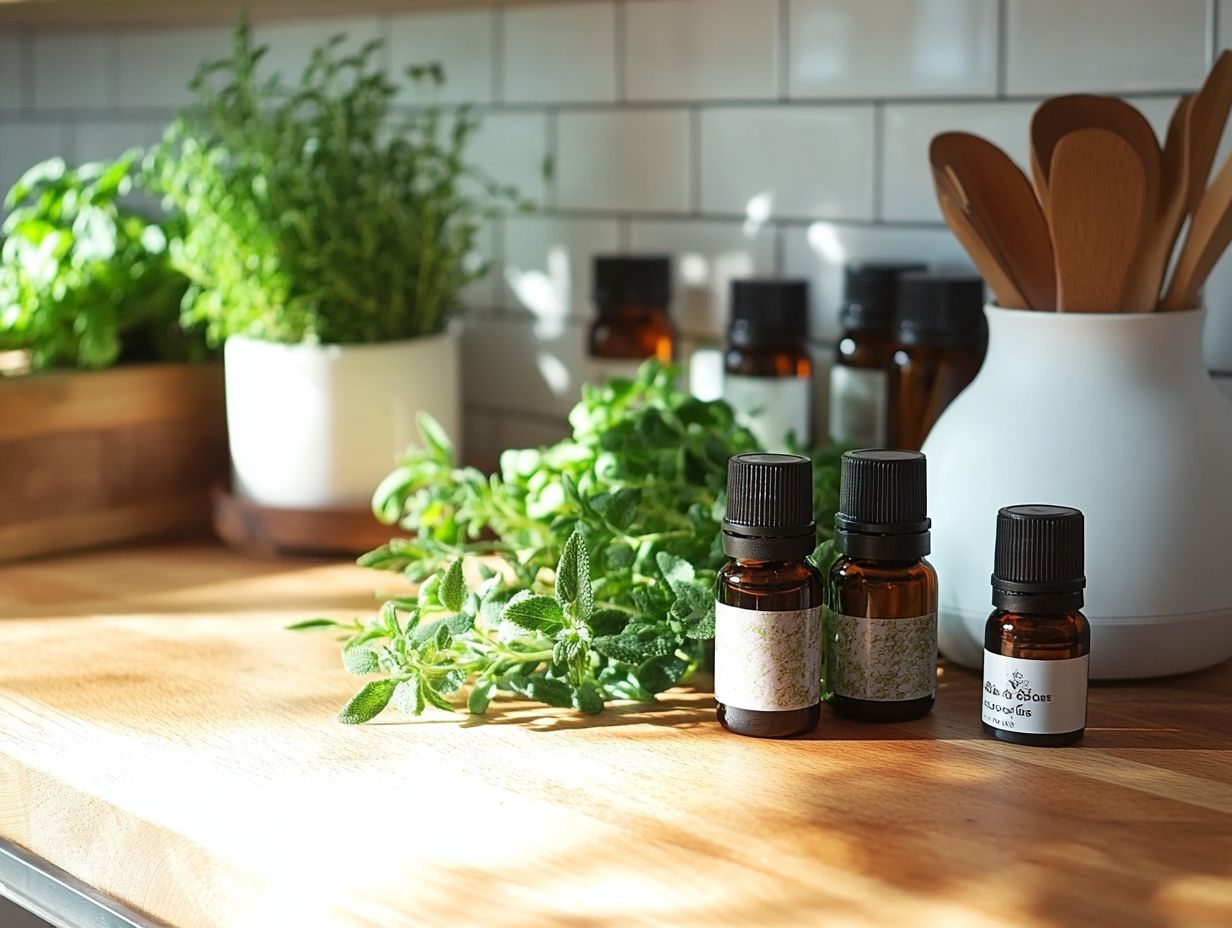 A visual guide to the benefits of essential oils for cleaning in the kitchen.