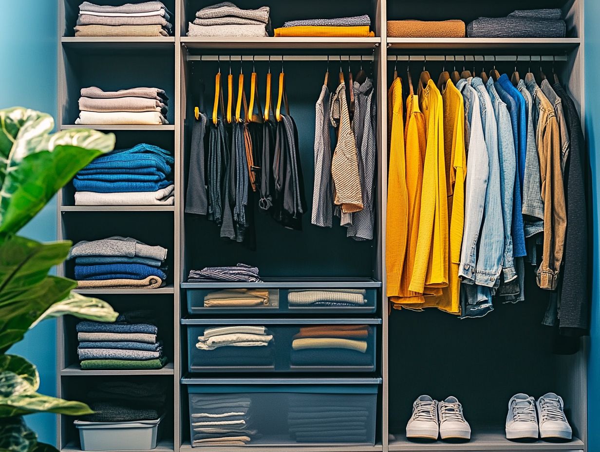 Organizing closet with labeled boxes and bins